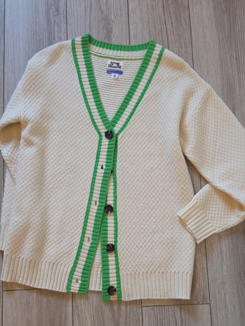 Future Collective Cream Cardigan with Green Trim